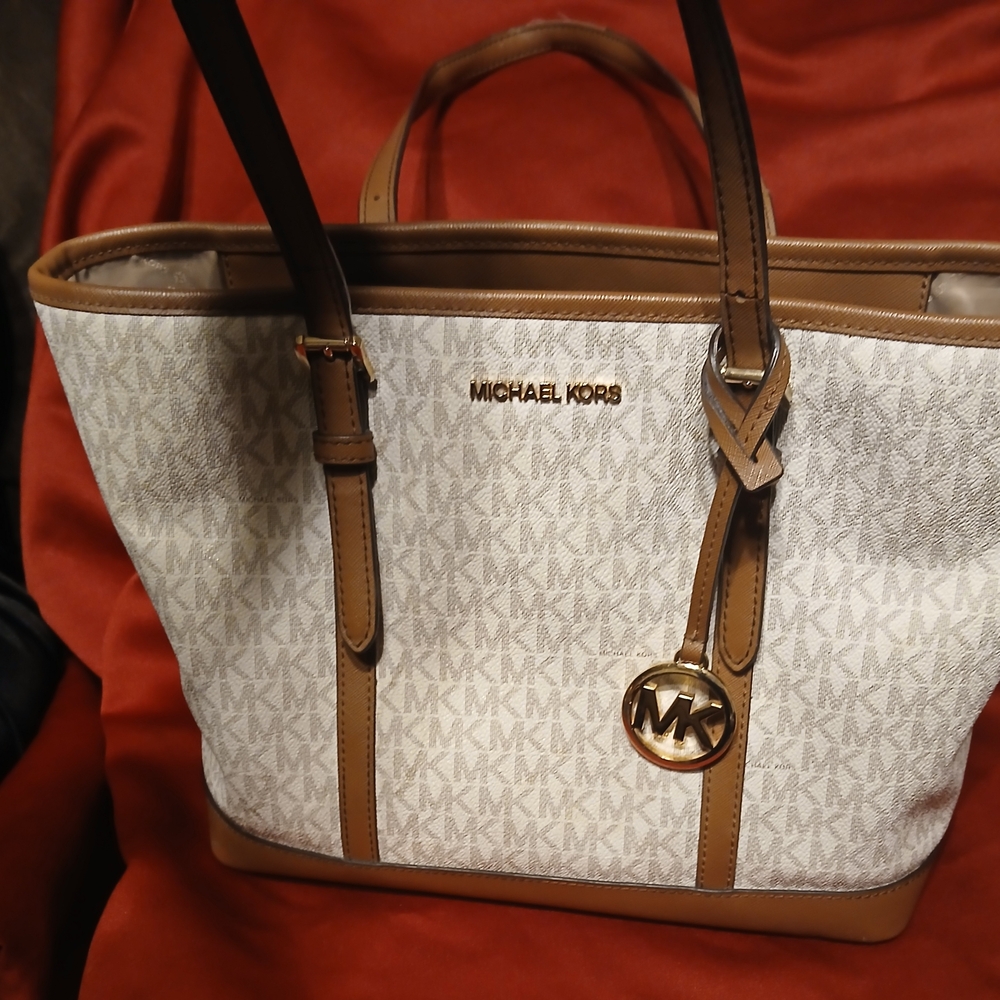 Michael Kors White and Tan Signature Tote with Gold Logo Charm